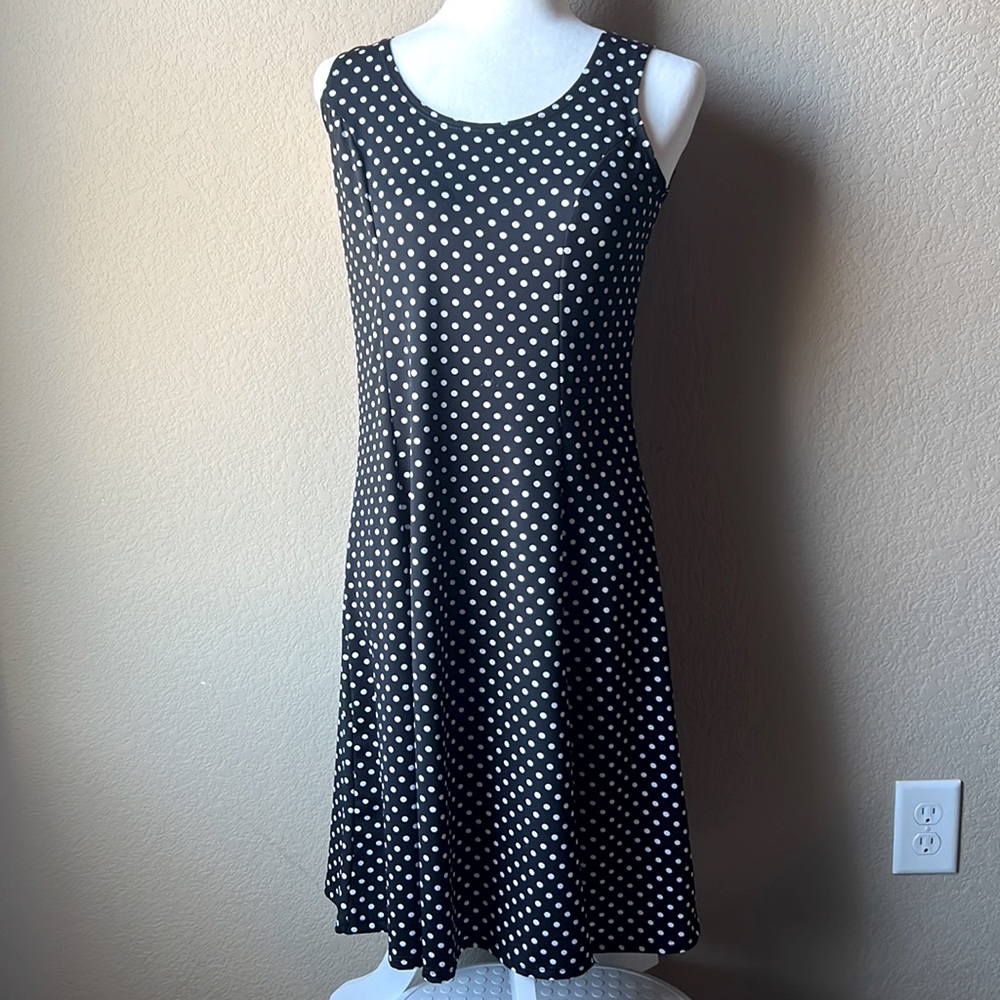 Elementz black and white polka dot sleeveless a-line dress, size small petite